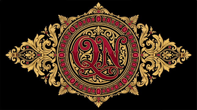 Ornate QN Monogram Design with Intricate Floral Elements.