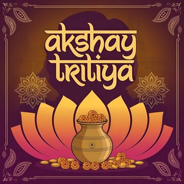 A vibrant illustration celebrating Akshay Tritiya with a golden pot and lotus flower