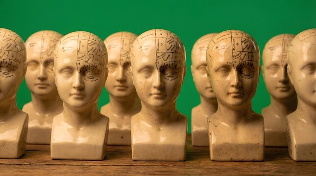 Antique Phrenology Heads Collection on Wooden Table, Green Background