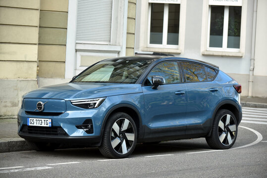 Mulhouse - France - 10 April 2026 - front view of blue Volvo C40 parked in the street