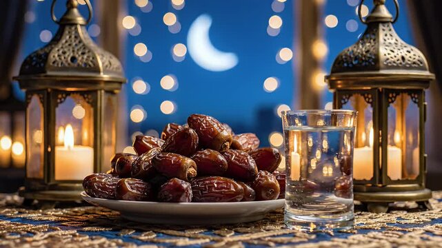 Romantic Ramadan evening scene with glowing lanterns crescent moon dates on a table candles and festive atmosphere for iftar or celebration