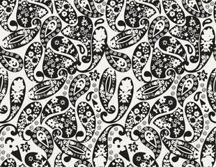 Naklejka premium Seamless dark paisley design with floral folk motifs. Textile and wallpaper pattern featuring symmetrical floral elements. 