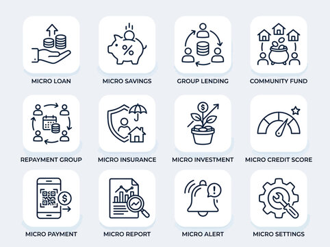 Collection of microfinance icons including loan, savings, lending, insurance, payment, and investment, depicting various financial services and tools for small transactions and community fun
