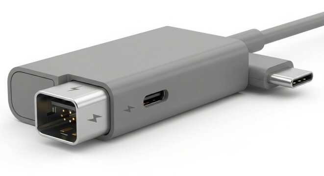 Thunderbolt 4 dock in space gray color with multiple ports, including usb-c and thunderbolt 4, for data transfer and charging.