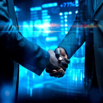 Handschlag zweier Gesch&auml;ftsleute vor blauem digitalen Datenhintergrund