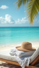 Fototapeta premium Beach chair with towels and sunhat waits by turquoise ocean. Palm leaves shadow calm seaside. Pure relaxation scene, tropical island vacation setting.