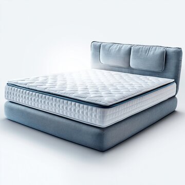 Wei&szlig;es Doppelbett mit Polsterkopfteil und Matratze auf hellem Hintergrund