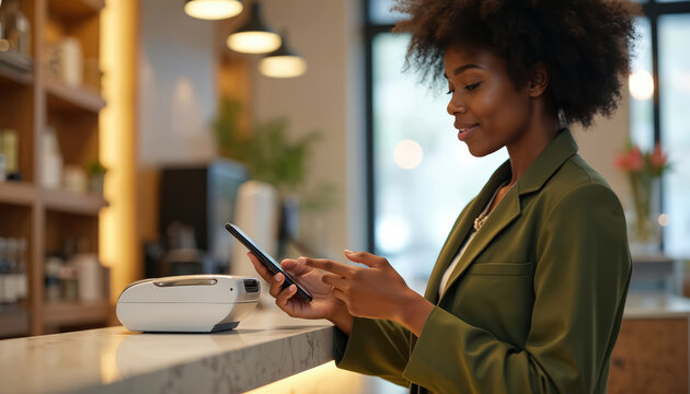 Woman pays using smartphone contactless NFC. She taps phone screen on digital reader at store counter. Modern cashless transaction at checkout.