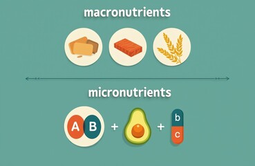 Naklejka premium Chart compares macro nutrients like carbs protein and fat with micro nutrients vitamins minerals and supplements. Food balance for healthy eating.