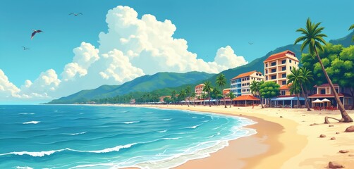 Obraz premium Tropical beach resorts with palm trees line sandy shore next to blue ocean waves. Mountains rise behind green trees under a bright cloudy sky with flying birds. Vacation destination.