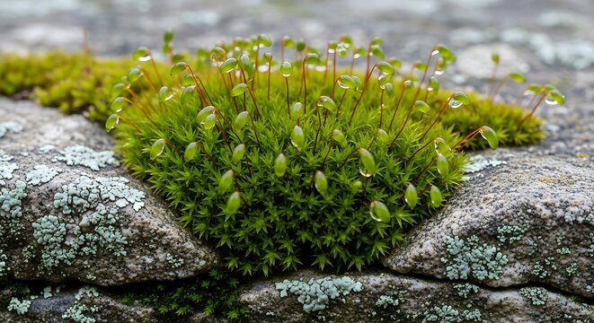 Green Moss Growing on Stone Surface.