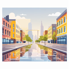 Obraz premium Urban street scene with buildings reflecting in water on a bright day