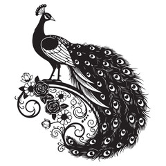 Fototapeta premium Peacock silhouette on decorative swirl surrounded by flowers, elegant bird vector in black and white.