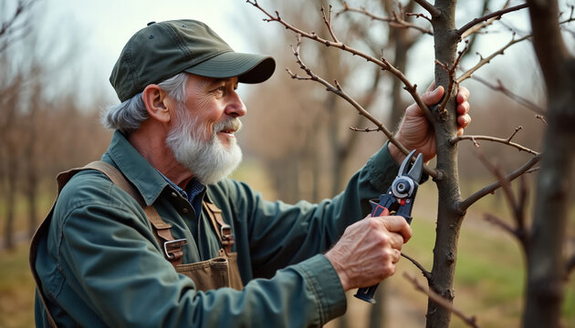 Elderly farmer expertly prunes fruit tree branches in sunlit orchard. Mature man uses secateurs for garden care, seasonal cultivation in rural countryside setting. He wears a cap and overalls.