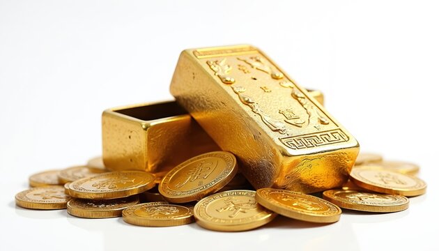 Golden ingot and ancient coins piled together. Shiny metallic treasure symbolizes wealth prosperity and good fortune. This rich display offers abundant luck and financial success ideas.