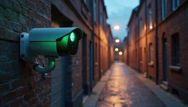 Security camera watches narrow brick alleyway at dusk with green light on. Urban street under surveillance, buildings line both sides. Technology ensures safety.
