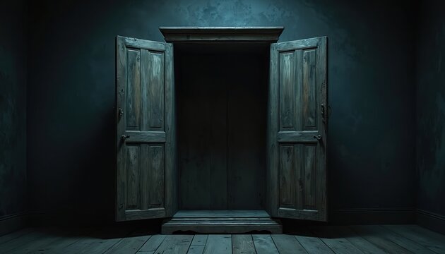 Old wooden wardrobe stands open in dark room interior. Dark empty closet with doors ajar. Spooky furniture in gloomy atmosphere, mystery and suspense.