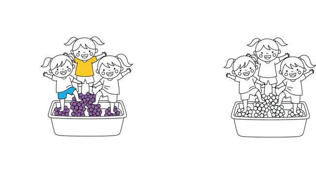 Happy Kids Grape Stomping - Traditional Wine Making Fun Coloring Page