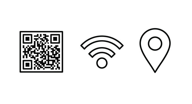 Three modern icons qr code wifi and location pin silhouette