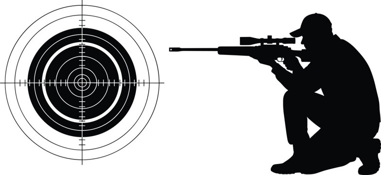 Silhouette of a sniper shooting with rifle and target board isolated on white background for shooting range and military designs