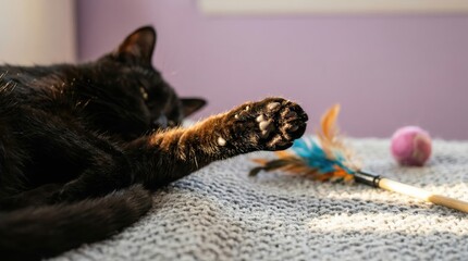 Obraz premium Black cat stretching paw toward feather toy on knit blanket indoors