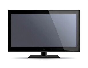 Fototapeta premium Glossy black television screen with stand, realistic design on a white background