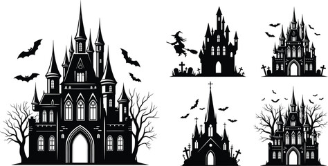 Fototapeta premium Spooky Halloween Haunted Castle Silhouettes Collection Featuring Gothic Palaces Flying Bats Witch on Broomstick Creepy Dead Trees and Cemetery Graveyard Elements