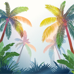 Fototapeta premium Vibrant tropical paradise illustration with colorful palm trees and lush foliage under a clear sky
