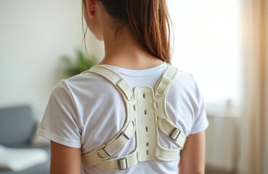 Teenager girl wears back brace for scoliosis treatment. Medical corset supports spine correction. Orthopedic equipment for posture improvement. Health care aid for spinal curvature.