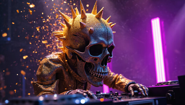 Skeleton DJ in gold jacket plays music on decks with flying glitter. Neon lights and dark club atmosphere create energetic party mood. Energetic sound experience.