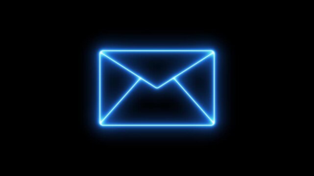 Neon Blue Color Mail Envelope Icon Animated on black background 4k video