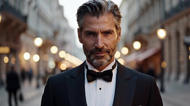 Elegant mature man in tuxedo walking confidently through city street at night with blurred lights background showcasing urban fashion style and sophistication