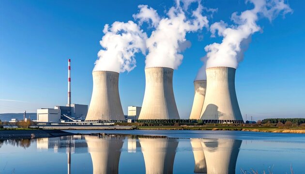 Nuclear Power Plant Reflecting in Water Under Blue Sky.