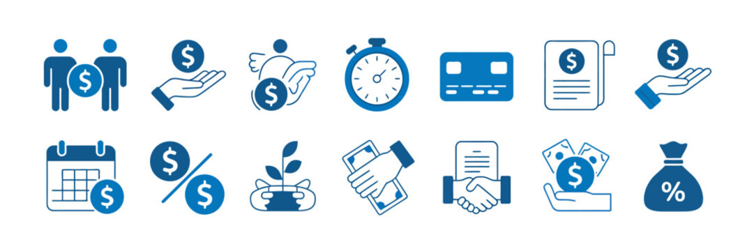Credit and loan vector icon set, illustrations representing financing, money contracts, agreements, calculations, lenders, deadlines, cards, and repayment schedules for financial and banking design