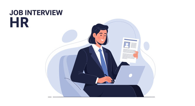 HR professional conducting job interview, reviewing resume and using laptop