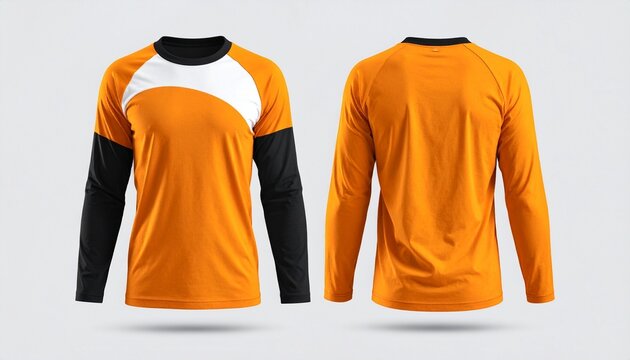 Orange and black long-sleeved t-shirt mockup, isolated on white background, front and back view