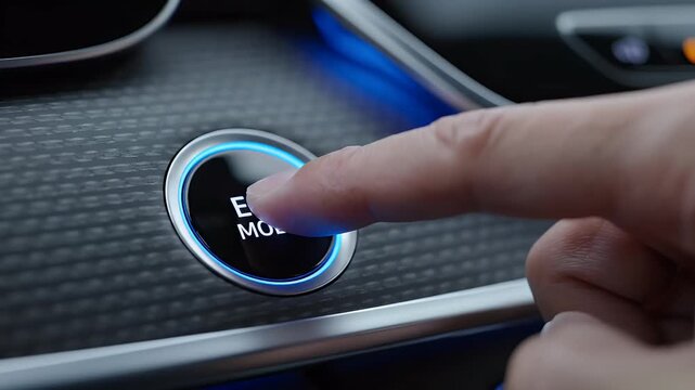 Person presses eco mode button in car dashboard with close up shot showing transition from initial to activated state for fuel efficiency saving energy