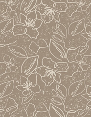 Fototapeta premium Abstract art vintage colors tropical line art leaves seamles background vector. Wallpaper design with leaves shapes and scribble doodle linear leaf. vintage botanical floral seamless pattern 