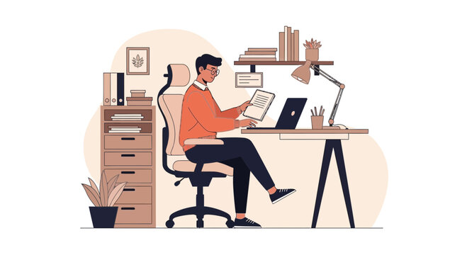 Man working at desk with laptop and documents, home office setup, modern workspace