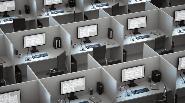 Close-up isometric rows of office cubicles with glowing monitors and minimal desk setups captured in rotating camera view emphasizing structured environment