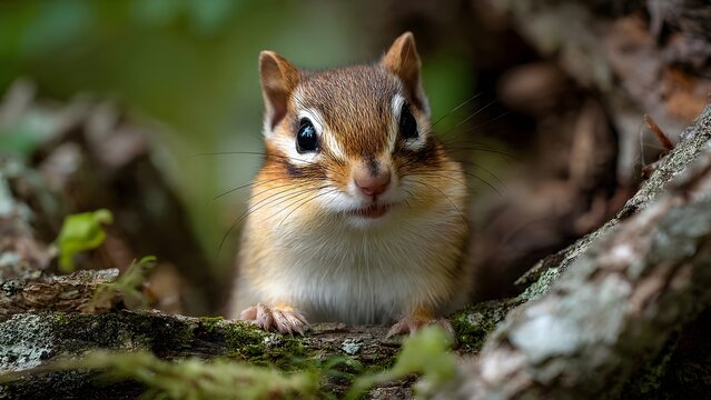 Close-up of a cute chipmunk peeking from a tree hollow, natural wildlife portrait