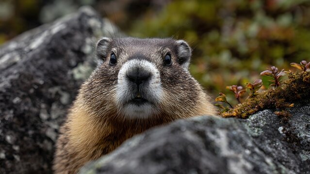 Curious Yellow-bellied Marmot Peeking from Behind Rocks in Alpine Meadow