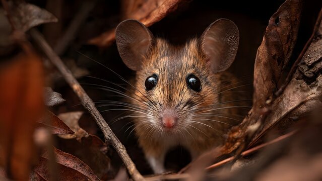 Close-up of a small field mouse peeking from dry leaves, curious eyes.