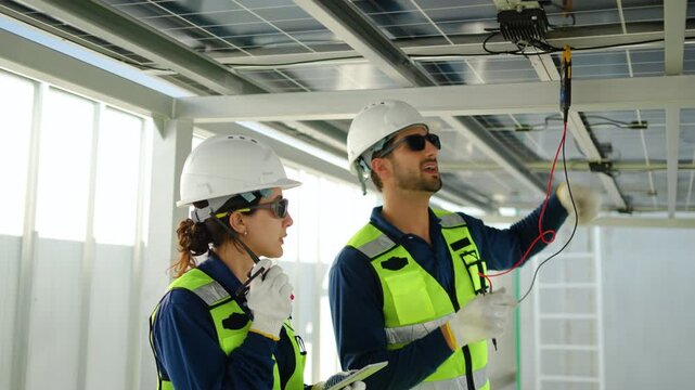 Expert engineers in hard hats and vests test solar panel systems using a multimeter and digital tablet, focusing on sustainable energy maintenance and renewable power plant efficiency at the site.