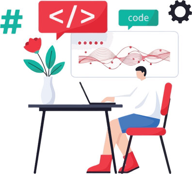 Software Developer Coding at Desk with Programming Symbols, Code Editor Interface and Data Visualization, Modern Web Development Technology Vector Illustration