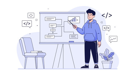 Obraz premium Man Presenting Flowchart on Whiteboard, Coding and Data Analysis Concept
