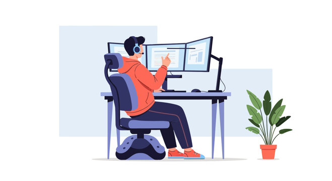 Man working on multiple computer monitors, wearing headset, focused on screen