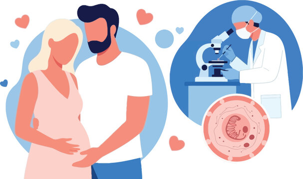 Pregnancy and Fertility Concept with Expecting Couple, Medical Research, IVF Laboratory, Embryo Development and Reproductive Health Care Vector Illustration