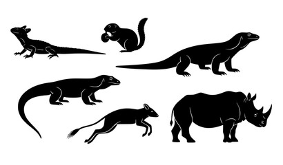 Animal silhouette collection vector basilisk komodo rhino wildlife set © MstNadiya