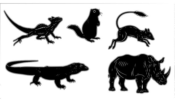 Animal silhouettes vector set basilisk squirrel komodo jerboa rhinoceros